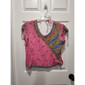 Indian Pakistani Beaded Kurti Top Pink Blue And Gold Design Size XL Bollywood